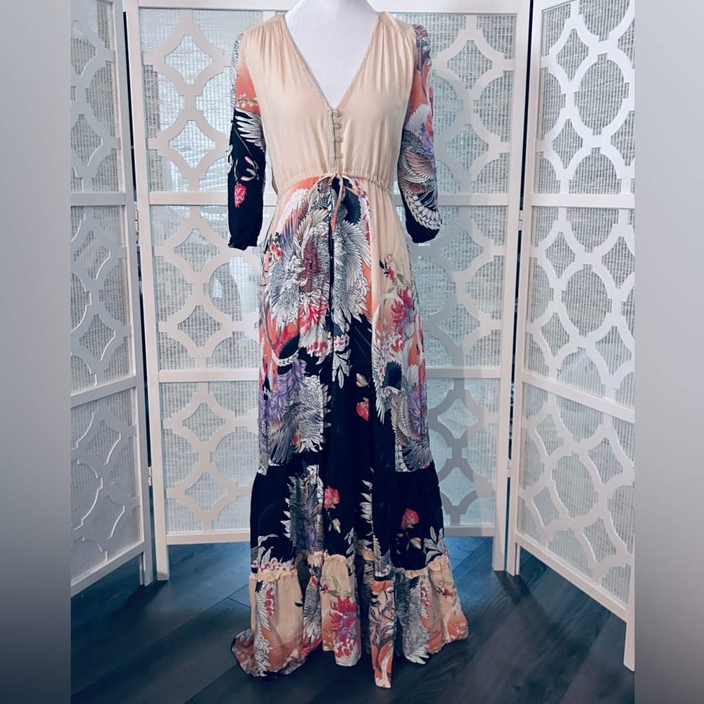 JAASE Boho XS Dress Floral Maxi Dress Patterned Long Peasant Tie Flowers Flowy - Picture 2 of 11